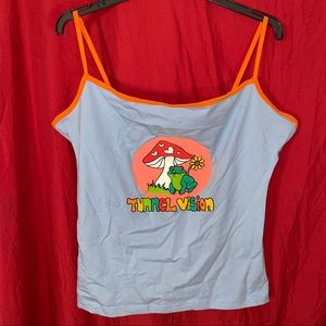TUNNEL VISION Mushroom, Flower & Frog - Blue & Orange Tank Top Graphic Art Shirt